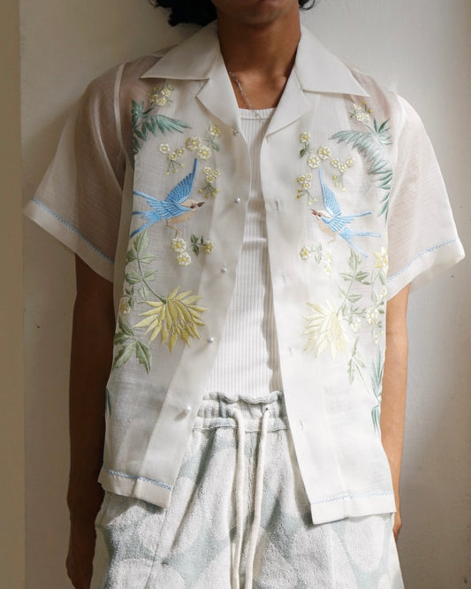 Chinoiserie Silk Cocoon Shirt Cerulean