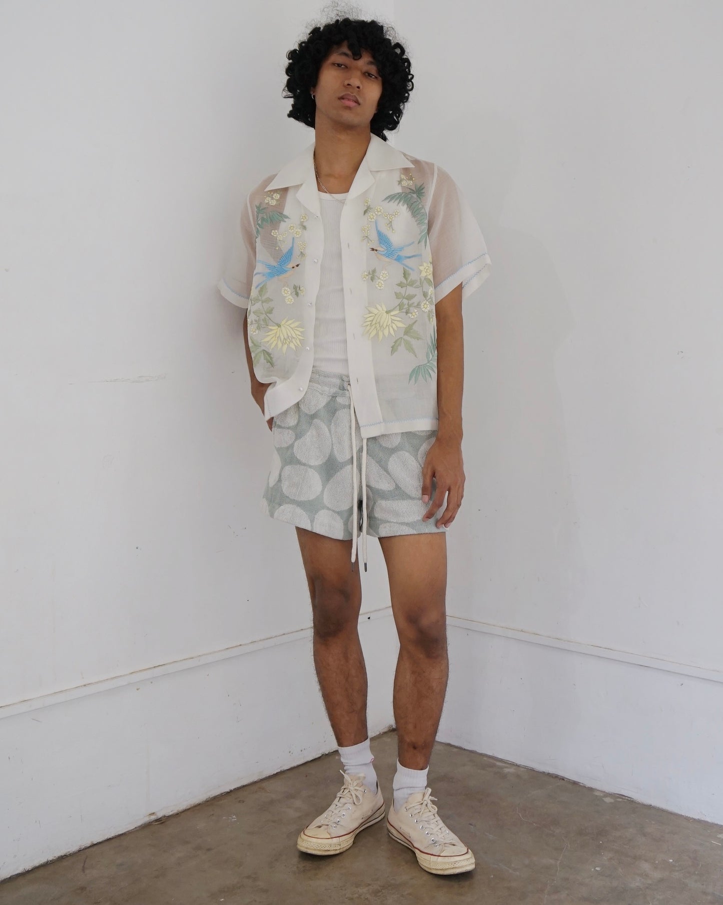 Chinoiserie Silk Cocoon Shirt Cerulean