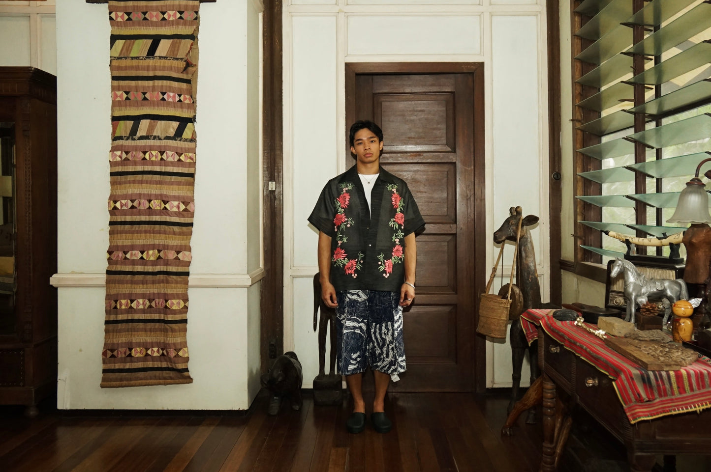 Summer Floral Bead Cotton Organdy Shirt Sage Salmon