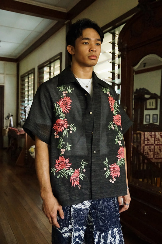 Summer Floral Bead Cotton Organdy Shirt Sage Salmon