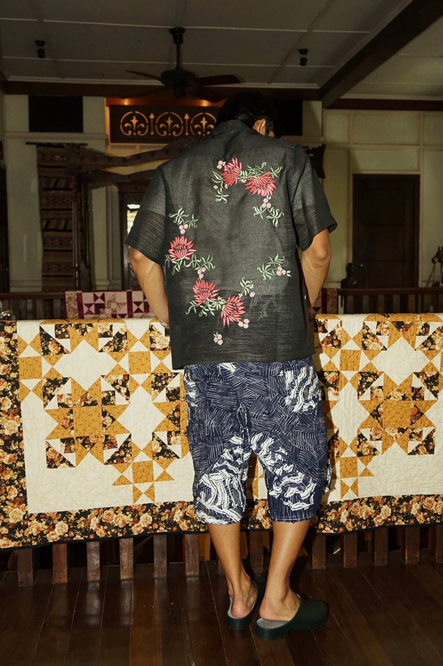 Summer Floral Bead Cotton Organdy Shirt Sage Salmon