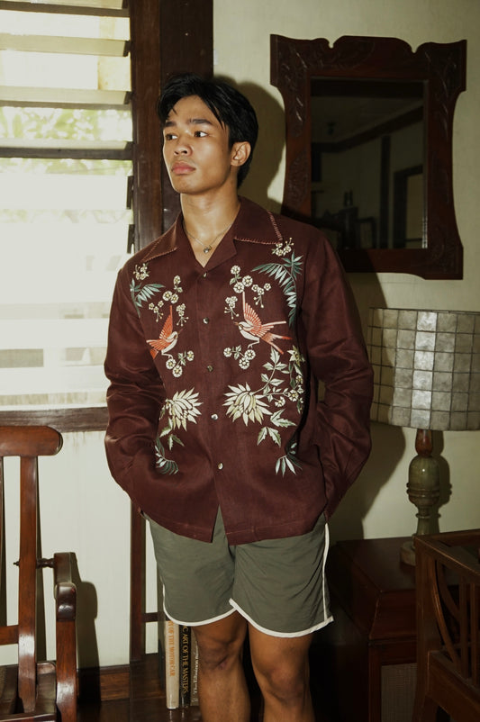 Chinoiserie Tablea Long Sleeve Linen Shirt Pumpkin