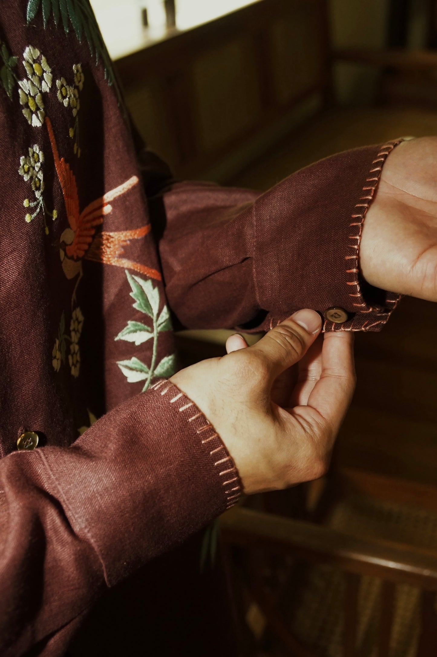 Chinoiserie Tablea Long Sleeve Linen Shirt Pumpkin