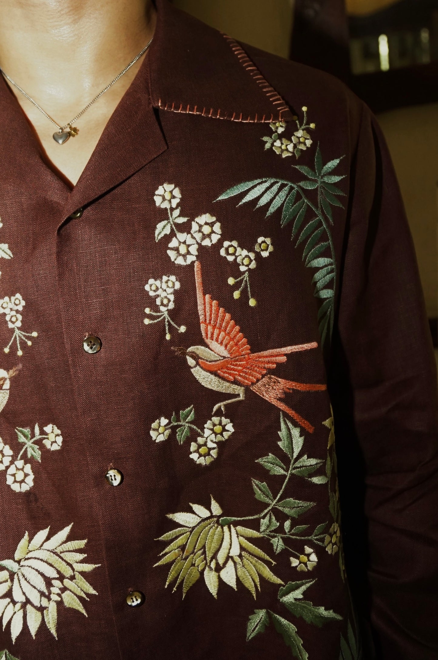 Chinoiserie Tablea Long Sleeve Linen Shirt Pumpkin