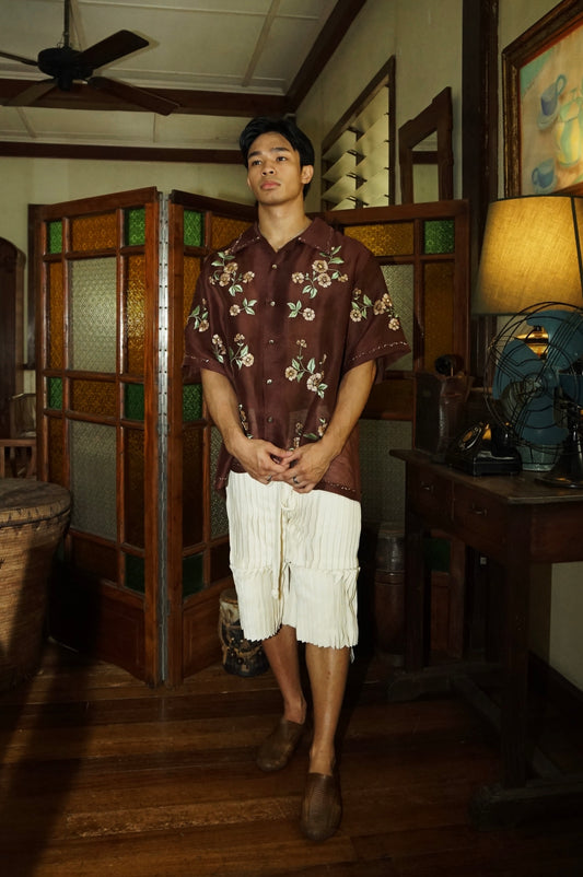 Spring Blossoms Beaded Silk Linen Shirt Salmon Sage