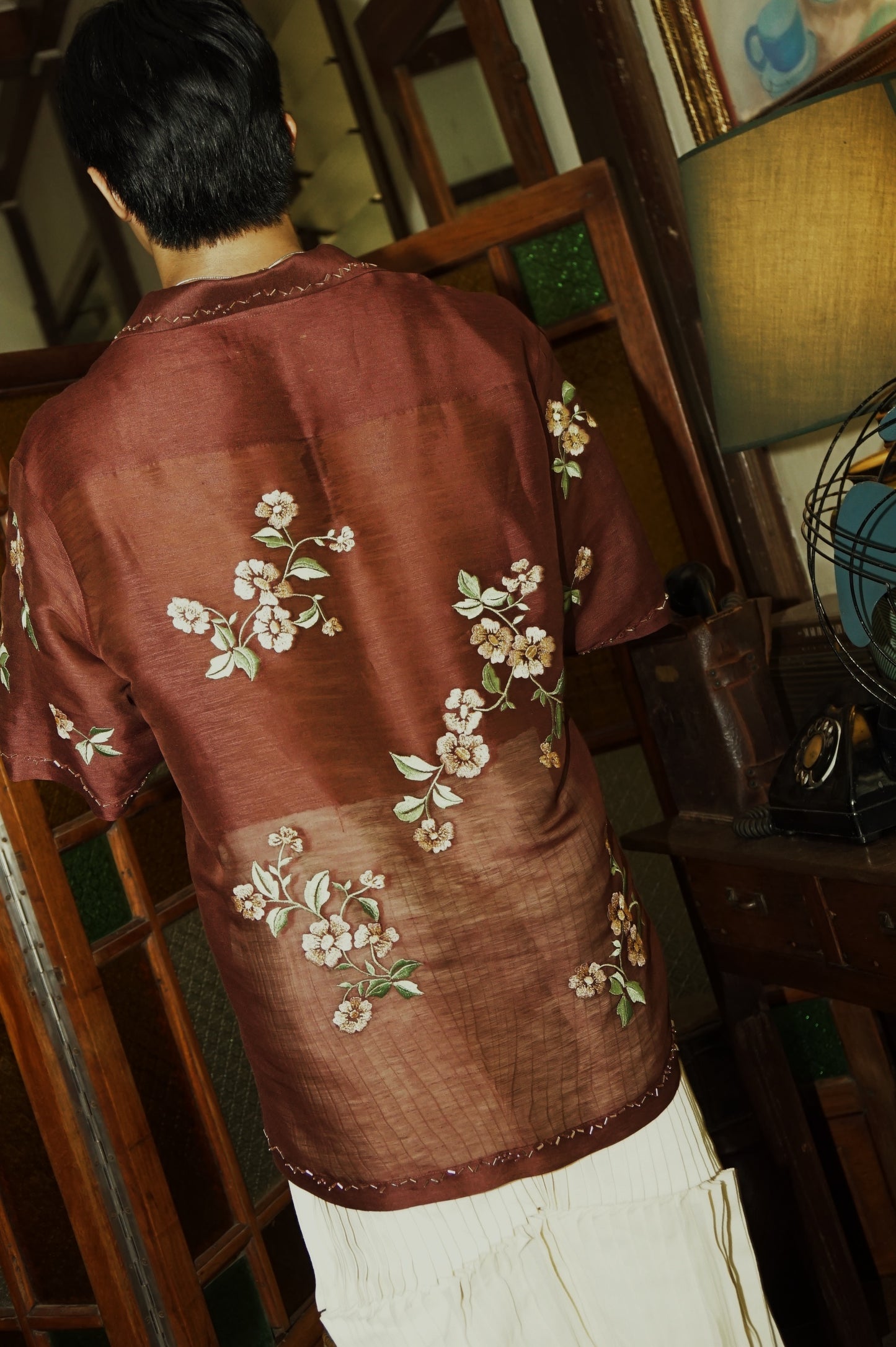 Spring Blossoms Beaded Silk Linen Shirt Salmon Sage