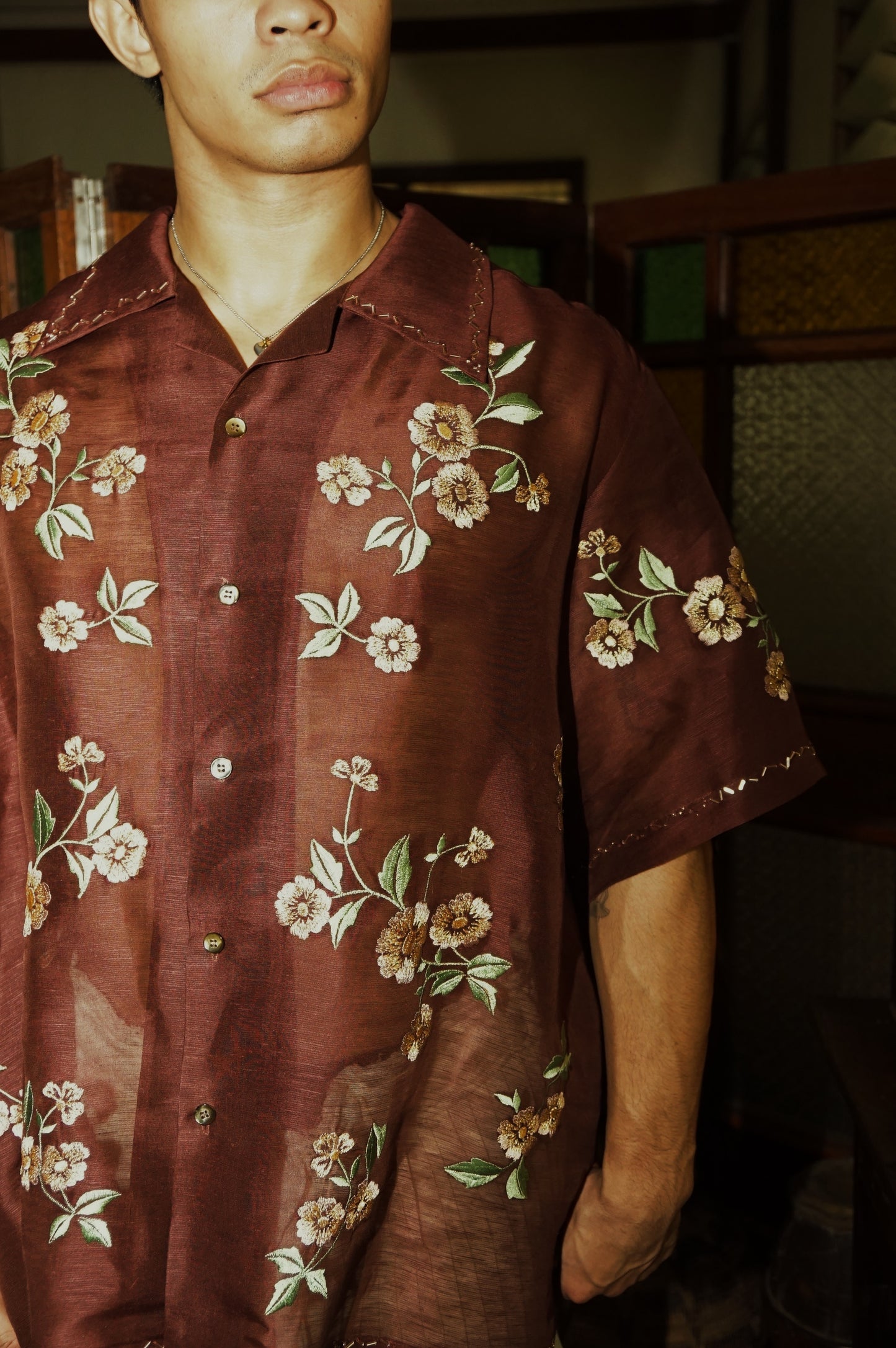 Spring Blossoms Beaded Silk Linen Shirt Salmon Sage