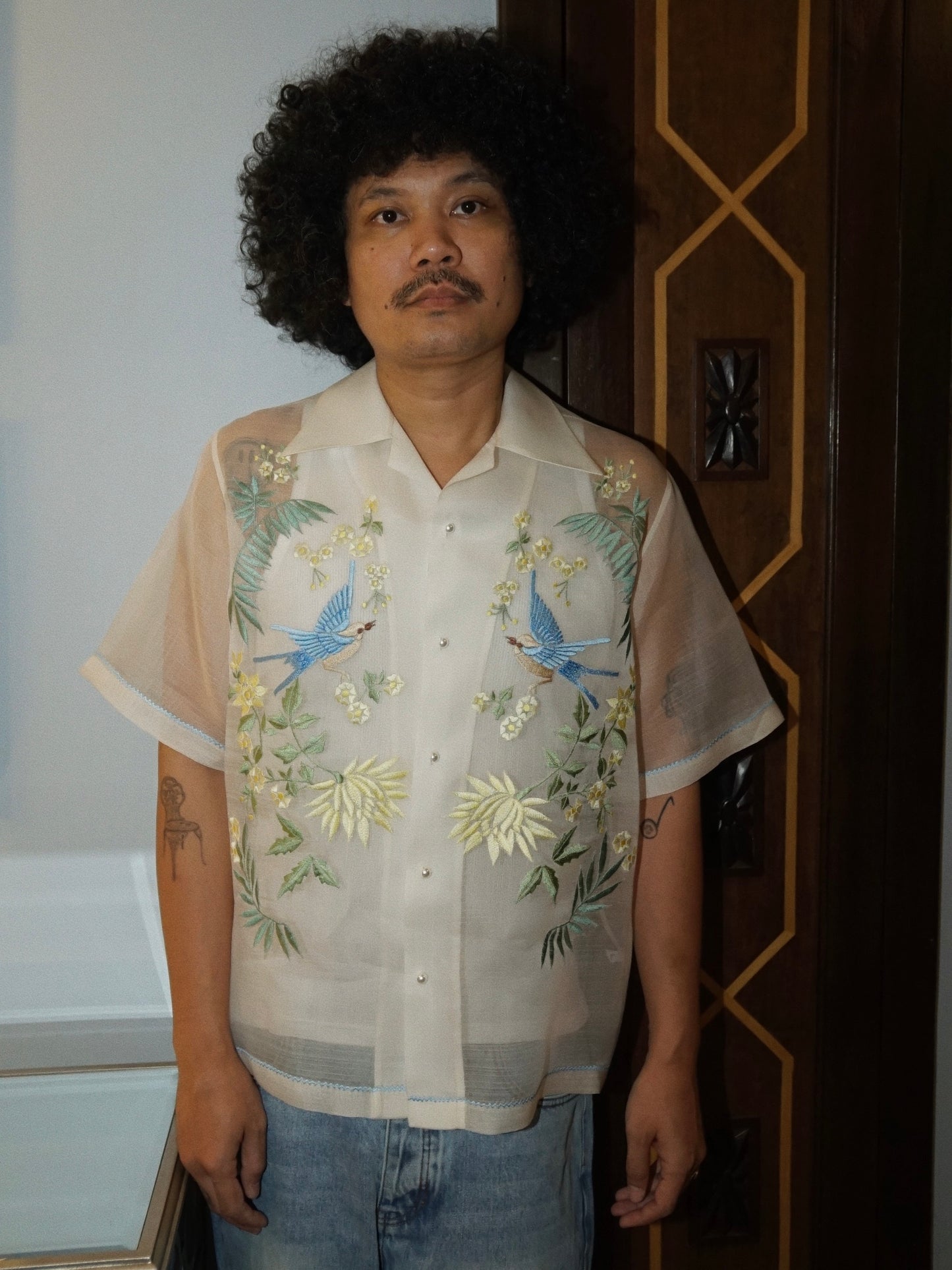 Chinoiserie Silk Cocoon Shirt Cerulean