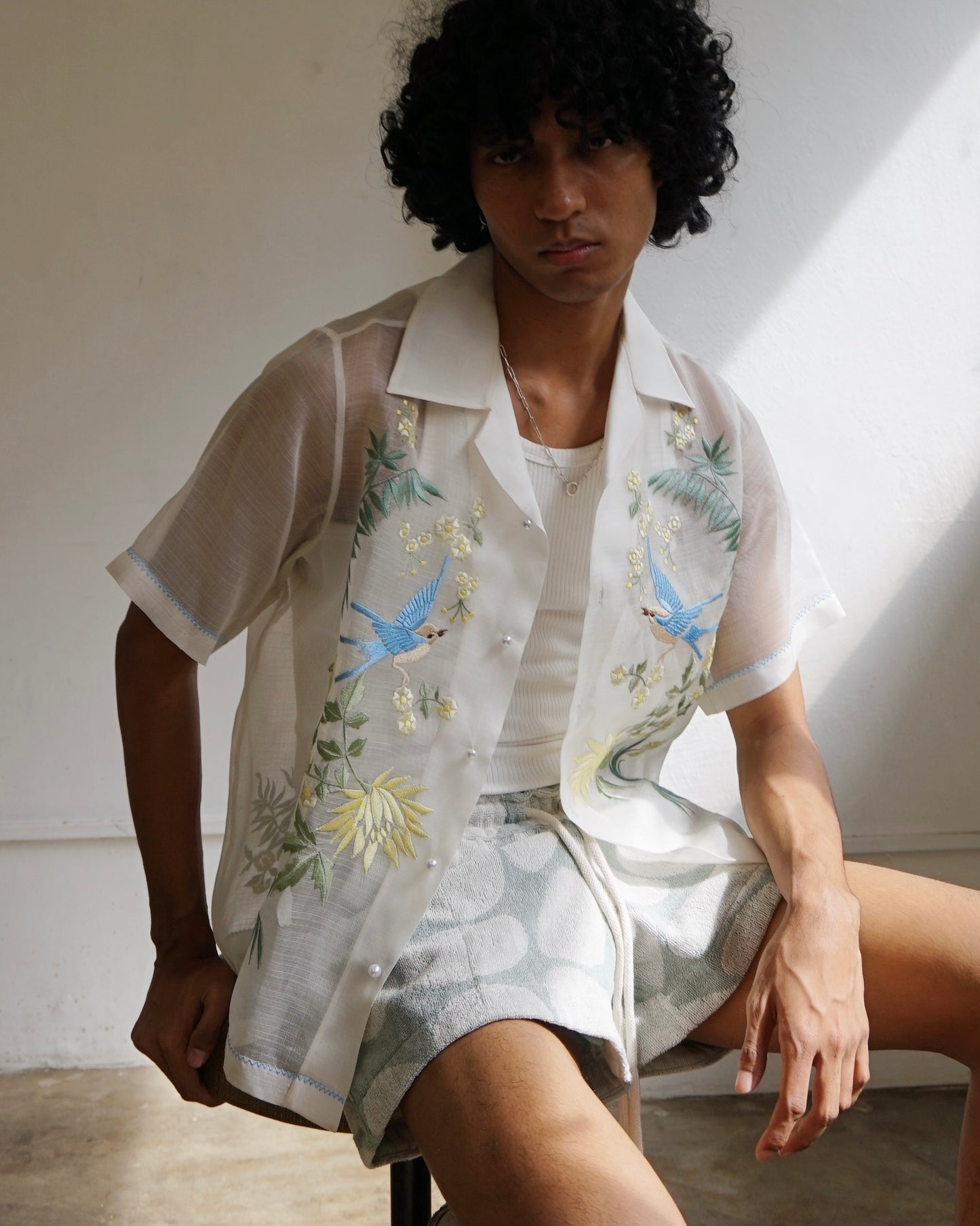 Chinoiserie Silk Cocoon Shirt Cerulean