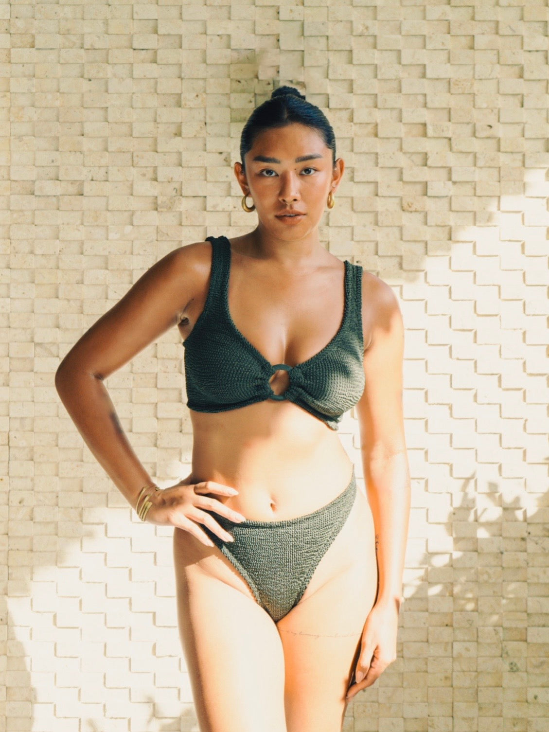 Julia Bikini with Tonal Hoops Metallic Khaki
